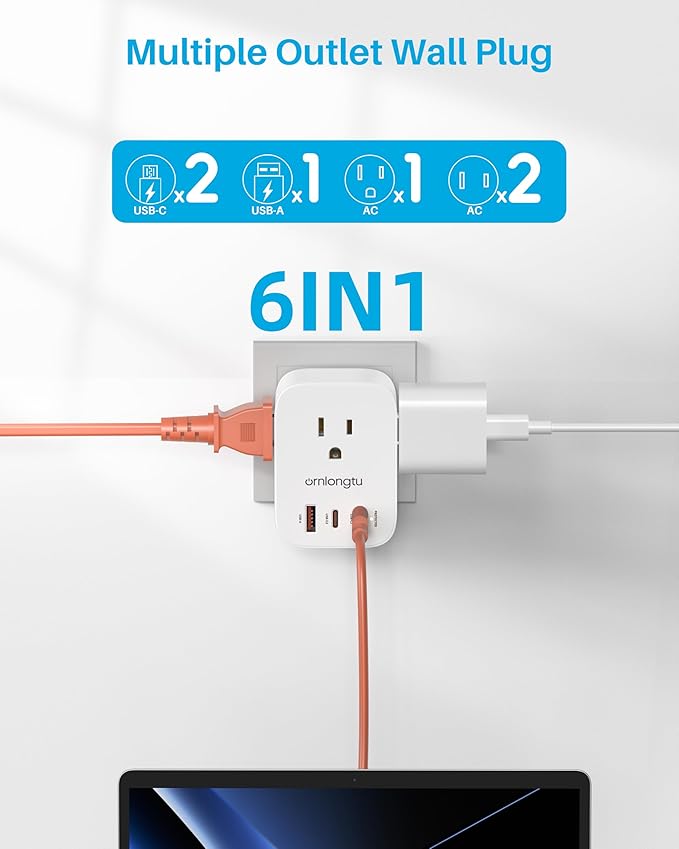 Multi Plug Outlet Extender 2 Pack, Surge Protector Wall Plug Splitter with 3 Electrical Outlets 3 USB Ports, PD 20W USB C Charger Block Wall Outlet Expander for Travel Home Office Dorm Room Essentials