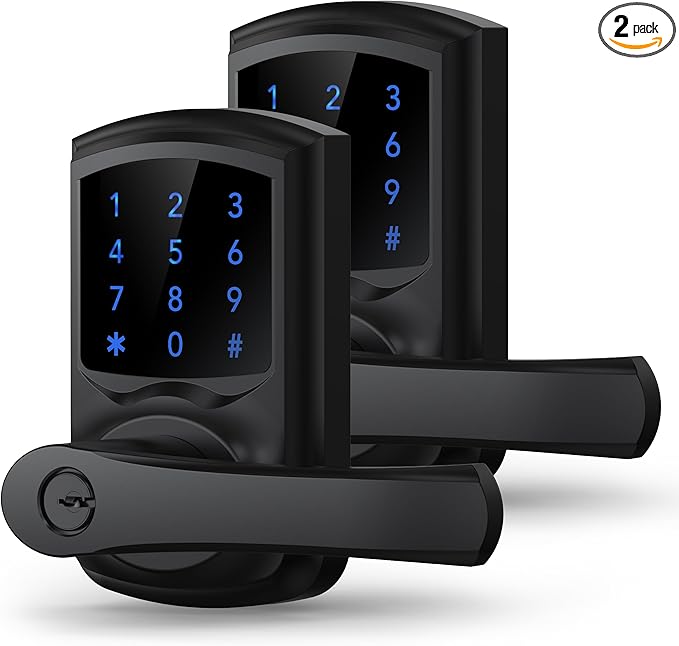 Keyless Entry Door Lock, Keypad Door-Lock with Handle, Touchscreen, Auto-Locking, Anti-peep Password, Easy to Install for Front Door, Home, Office, Matte Black 2 Pack