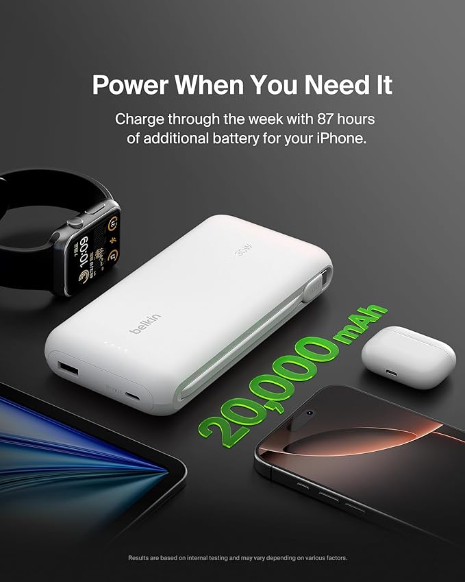 Belkin Portable Charger, Power Bank with Integrated Cable 20000 mAh 30W - Fast Charging USB C Power Delivery, iPhone Charger - iPhone 16 Series, iPad Pro, Galaxy S25 Series, & More - White
