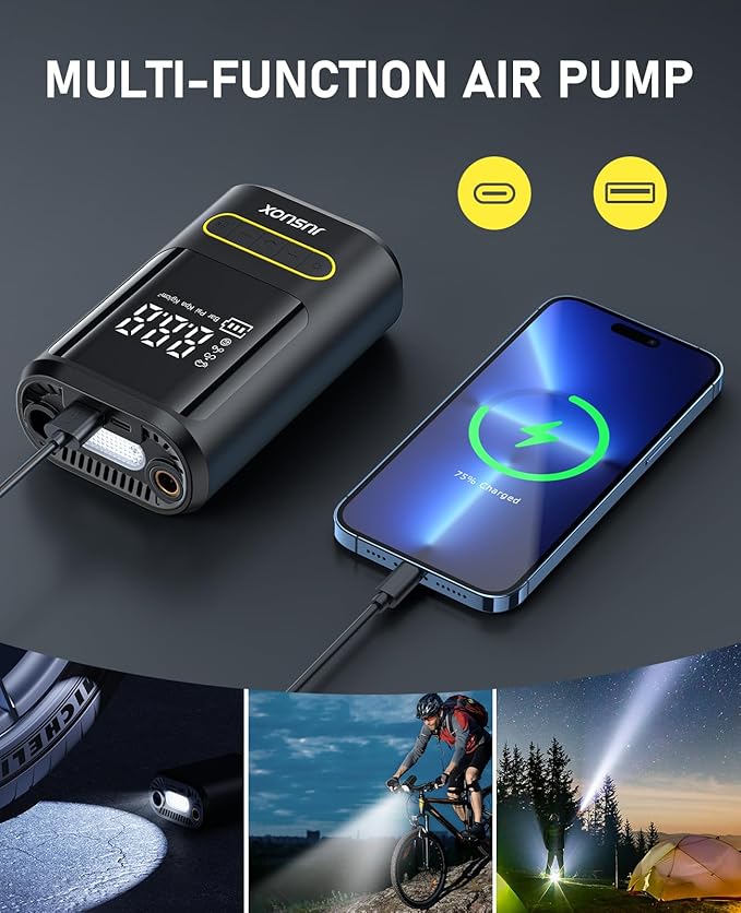 Tire Inflator Portable Air Compressor, Electric Bike Pump with Digital Pressure Gauge, 150 PSI Cordless Air Pump for Car Tires, Motorcycle, Bicycle, Ball with Auto Shutoff, LED Light