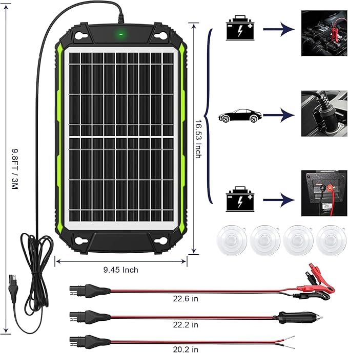 15W 12V Solar Battery Charger Maintainer PRO, Built-in Smart MPPT Charge Controller, Waterproof 12 Volt Solar Panel Trickle Charging Kits for Car Auto Boat RV Marine Trailer Camper