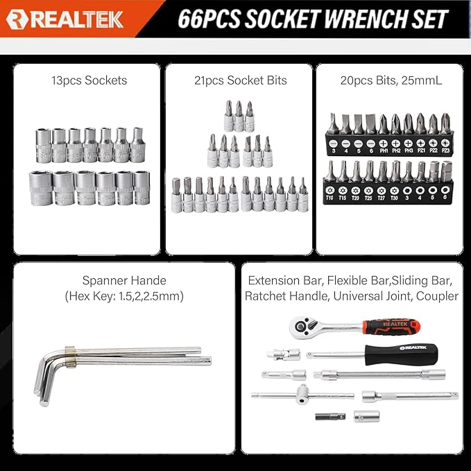REALTEK 66 Pieces 1/4 inch Drive Socket Set, Ratchet Set with 72 Tooth Reversible Ratchet & Bit Socket Set, Professional Tool Set for Auto Repairing and Household
