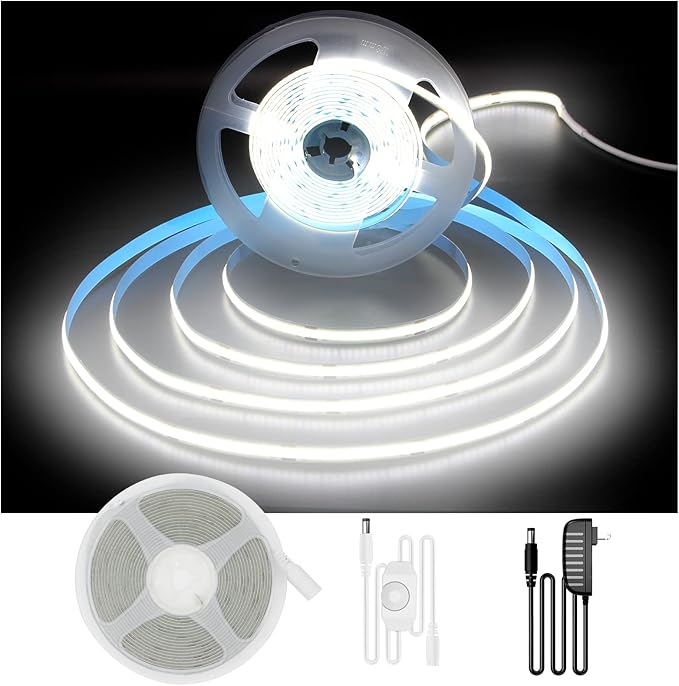 DAYBETTER COB LED Strip, 16.4 ft White LED Strip Lights, Dimmable LED Light Strip 6500K Bright Daylight White, 24V, 1600LEDs, 2835 Flexible LED Tape Light for TV, Bedroom, Kitchen Cabinet, Closet