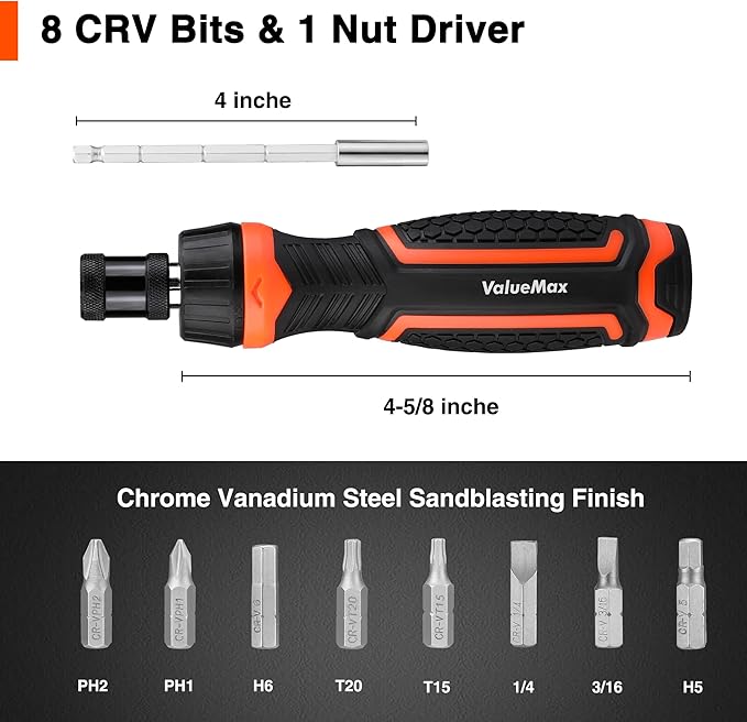 Valuemax Ratcheting Screwdriver, 9-In-1 Multi Screwdriver, Portable Ratchet Screwdriver Set, Adjustable Length, High-Strength Bits, Phillips, Slotted, Torx, Hex, Nut Driver
