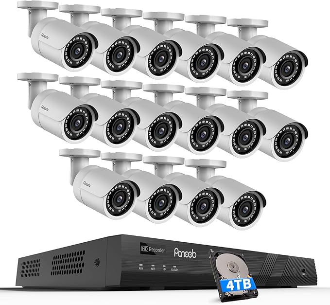 16 Channel Security Camera System 4K PoE, 4K 16CH NVR 4TB HDD, 16x 8MP Wired Outdoor Surveillance IP PoE Cameras, AI Human Vehicle Detection, Remote Playback Built-in Mic, PB37F1616-8M