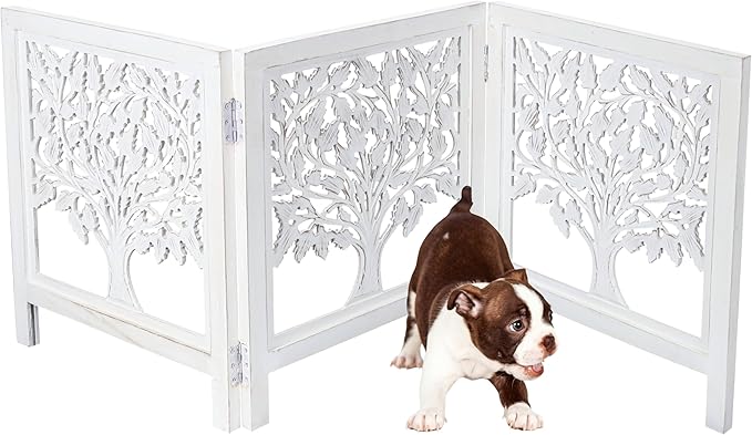 Foldable Wooden Dog Gate 3 Panel 24" Height x 60" Wide Tree Design, Free Standing Pet Fence for Doorways, Indoor Decorative Dog Gate for House, Extra Wide White Puppy Barrier,Pre-Assembled, Easy Setup