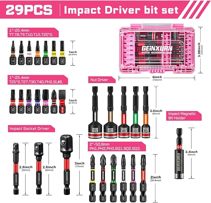 29Pieces Impact Screwdriver Bits Set, Magnetic S2 Steel 1”/2” Phillips/Square/Torx/Slotted Bits Tips,Impact Bit Holder and Nut Driver and Socket Adapter Set with Pink Storage Box Case