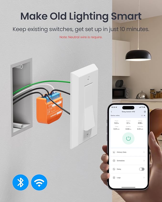 SwitchBot Smart Relay Switch 1PM, Power Metering Smart Relay Module with Built-in Bluetooth Repeater, Wi-Fi&Bluetooth Switch Works with Alexa/Apple Home/Google Home/Matter Hub Required, 2.4GHz