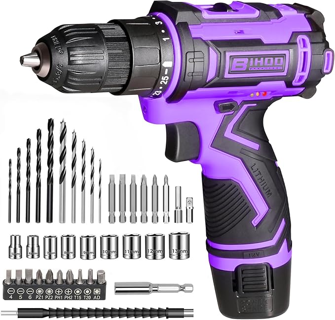 Purple 12v Cordless Drill With Battery And Charger, Electric Screwdriver Kit, 25+1 Torque, Stud Finder Ready,Front LED Light