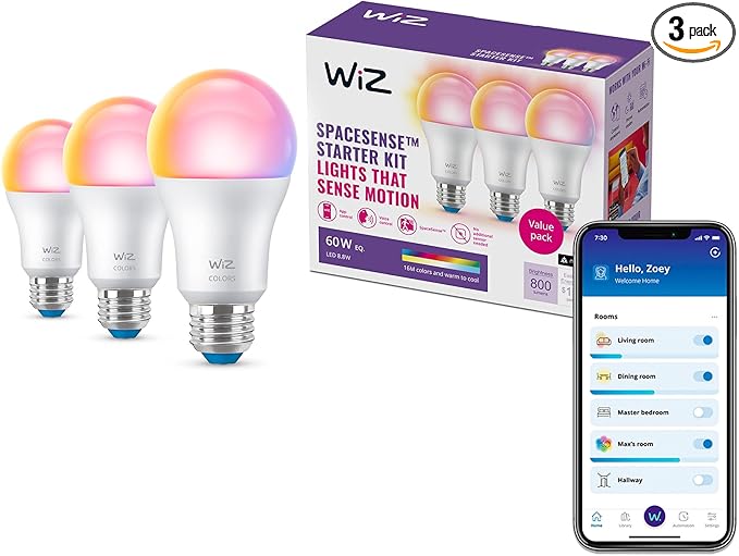 WiZ LED Smart Light Bulbs, Sunset to Sunrise Automation + Motion Detection + Control with Voice or App, Full Color A19 60W 800LM E26 Indoor, Matter Compatible - 3 Pack