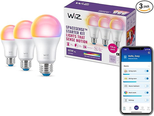 WiZ LED Smart Light Bulbs, Sunset to Sunrise Automation + Motion Detection + Control with Voice or App, Full Color A19 60W 800LM E26 Indoor, Matter Compatible - 3 Pack