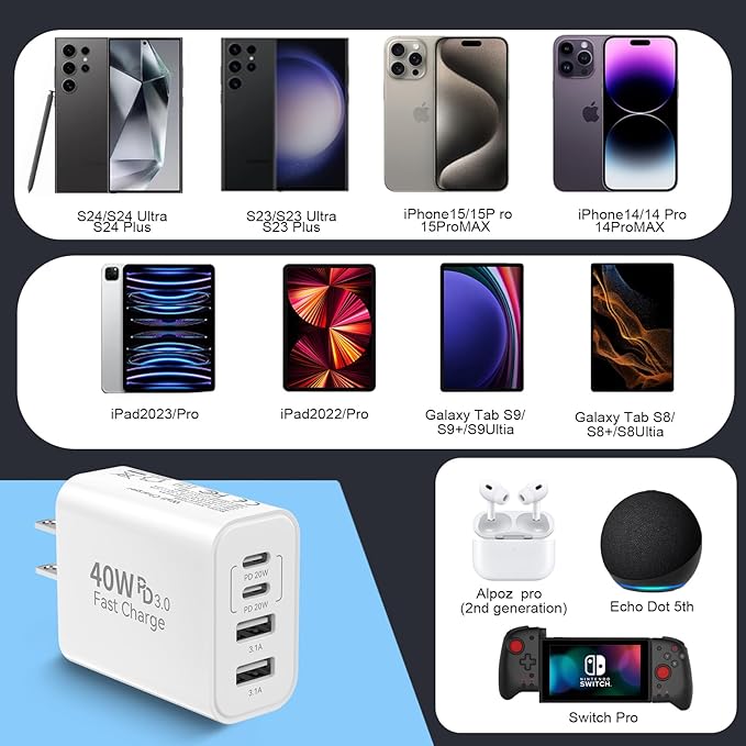 40W USB C Wall Charger Block,4 Port Type C Charger Fast Charging Brick Dual Pd & QC Fast Charger Cube Wall Plug Power Adapter for iPhone 15/14/13/12/11/Pro Max/XS/XR,iPad,Samsung,Pixel,White