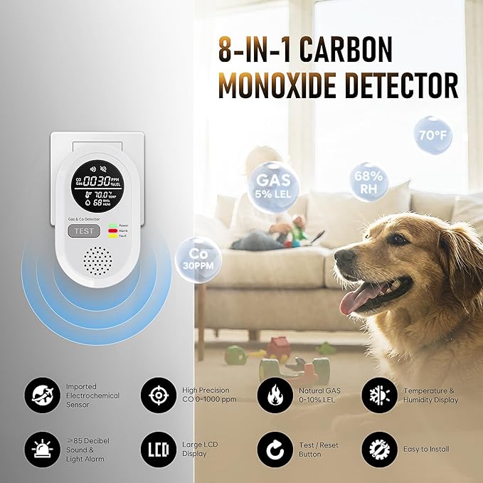 8-in-1 Carbon Monoxide Detectors Plug in & Portable Carbon Monoxide - Travel Carbon Monoxide Detector with Natural Gas/Temp/Humidity with HD Display for Home, RV, Hotel (2)