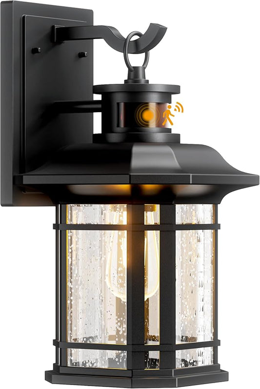 Motion Sensor Outdoor Wall Light, IP65 Waterproof Dusk-to-Dawn Auto Mode, 3 Lighting Modes Black Exterior Lighting for Porch, Patio, Garage