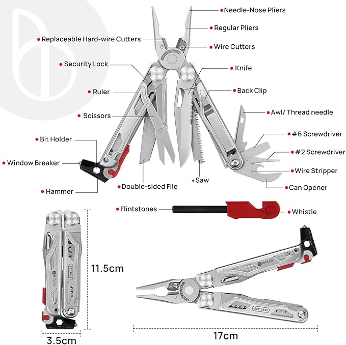 BIBURY Multitool Pliers BI2038B, 22-in-1 Stainless Steel Multi Tool with Flint, Window Breaker, Scissors, Back Clip, Folding Pocket Multifunctional Self-locking EDC Tool for Survival Camping Hiking