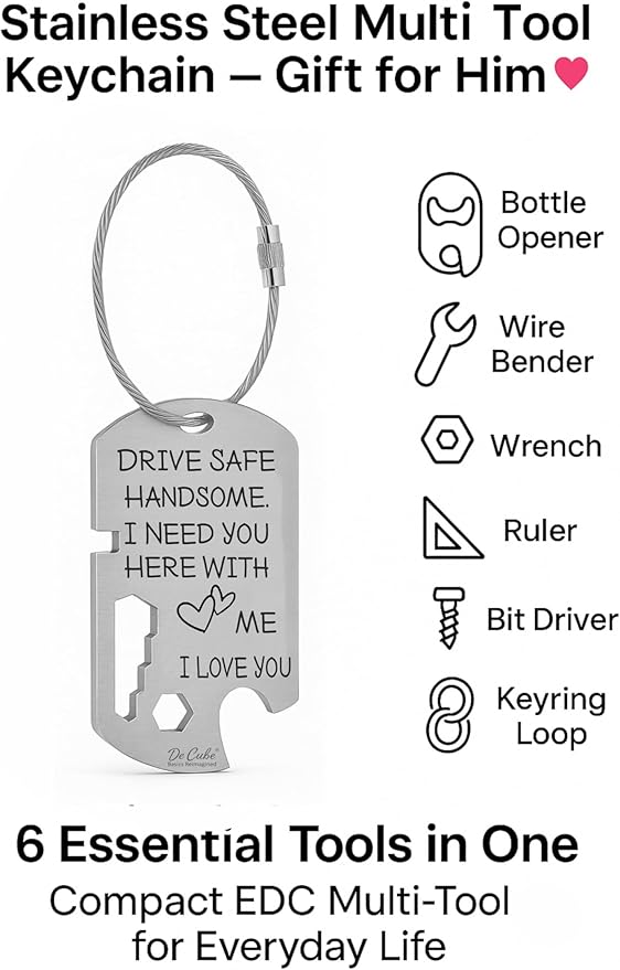 Drive Safe Handsome Keychain Multi Tool | 6-in-1 Stainless Steel EDC Gift for Him | Wrench, Ruler, Bit Driver, Bottle Opener, Wire Stripper & Bender