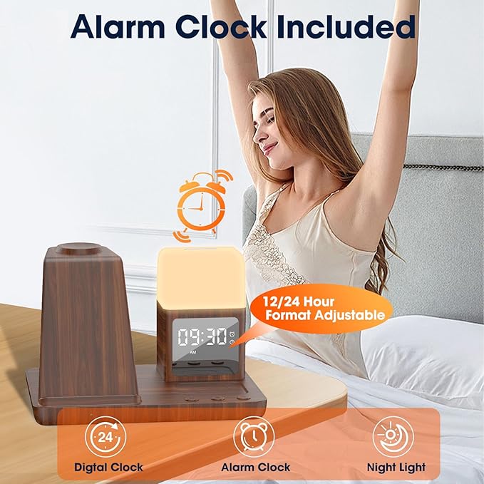 Wireless Charger for Samsung/Android, 6 in 1 Phone Nightstand Charging Station Charge with Alarm Clock/Light for Samsung S25/S24/S23 Ultra/Buds3 Pro,Watch Charger for Galaxy Watch 8/7/6/5-Woodgrain
