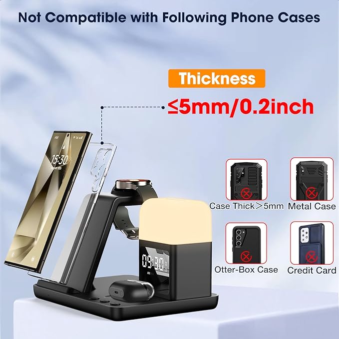Wireless Charger for Samsung/Android, 6 in 1 Phone Nightstand Charging Station Charger with Alarm Clock/Night Light for Samsung S25/S24/S23 Ultra/Buds3 Pro,Watch Charger for Galaxy Watch 8/7/6/5-Black