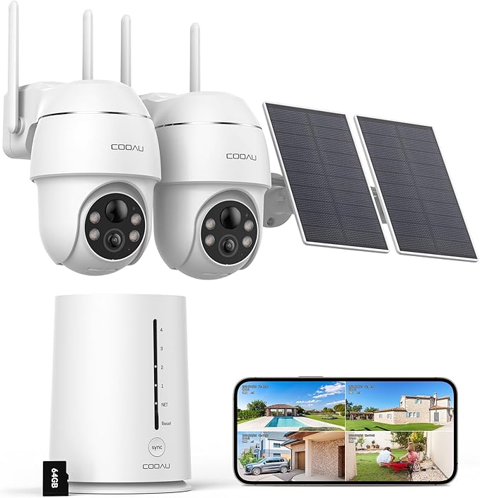 COOAU Solar Security Cameras Wireless Outdoor, 2 Cam-Kit, 4MP Cameras for Home Security System, 360° Pan & Tilt, Color Night Vision, Motion Detection, No Monthly Fee, Siren Alarm, IP66,64GB Card