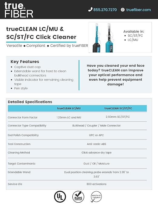 trueCABLE Fiber Optic Dual Position Pen Click Cleaner, SC/ST/FC, 800+ Cleans, UPC/APC Connector Ferrules, 2.50mm, 1 pc