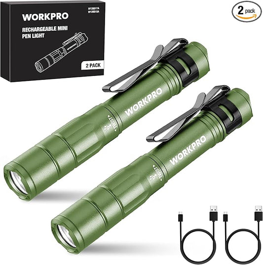 WORKPRO Rechargeable Pen Light, Mini Flashlight, 2 Pack Ultra-Compact EDC Flashlight, Pocket Flashlight with Clip, Memory Function and 2 x USB C Cable Included, Green