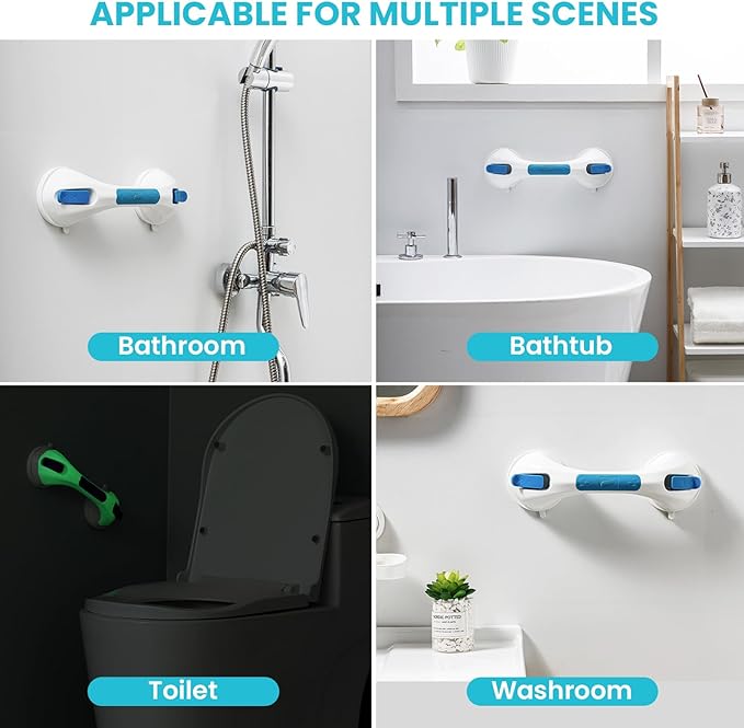 TAILI Shower Grab Bar Glow in The Dark, 2 Pack 12.2 in Grab Bars for Bathtubs and Showers,Shower Handles Shower Rails for Seniors and Elderly,Bathroom Safety Grip Removable No Drilling Waterproof Blue