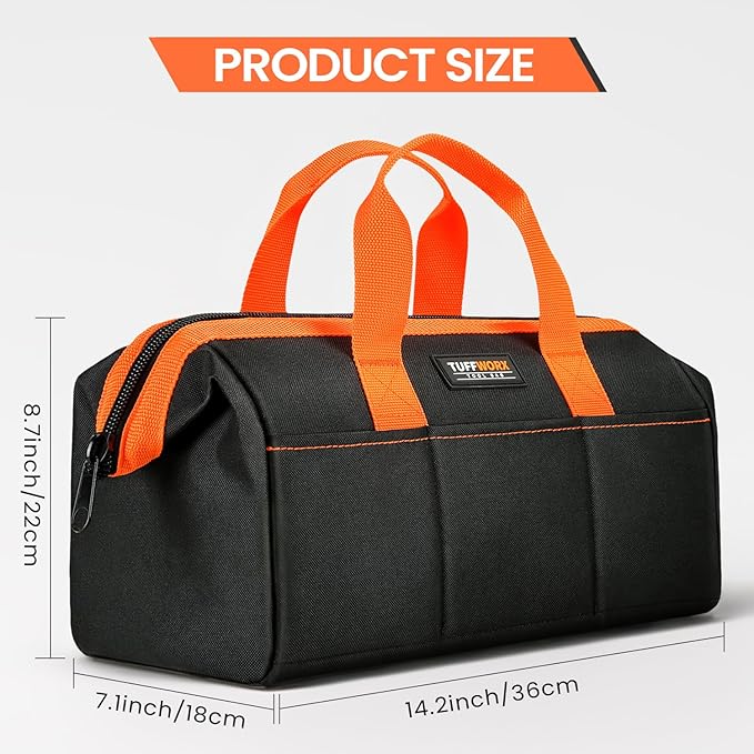 Tool Bag, 14 inch Heavy Duty Storage Bag with Handles, Double Layer 600D Polyester Fabric, Black and Orange, Tool Organizer for Mechanics, Electricians, and DIY Enthusiasts