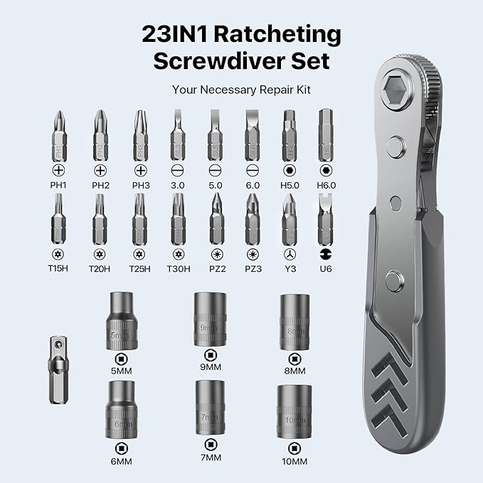 AXTH 23-in-1 Right Angle Ratcheting Screwdriver Set, [Bearing Steel] 36-Tooth Mini Ratchet Wrench, Men Gifts, Low Profile Ratchet Screwdriver, Magnetic Offset Screwdriver Repair Tool