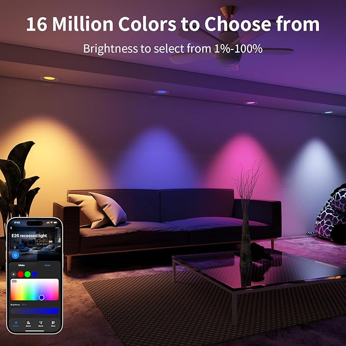 Peteme E26 Retrofit LED Recessed Lighting 6 Inch, IC Rated ETL Certified Smart Can Light Baffle Trim Style, RGBCW Dimmable Color Changing Soffit Downlight Compatible with Alexa/Google, 1100LM, 6 Pack