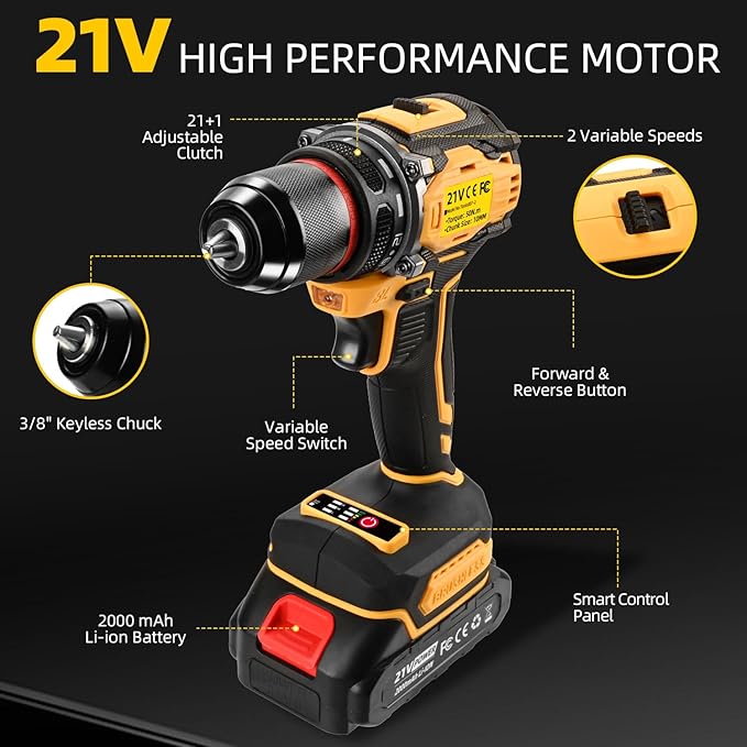 21V Cordless Power Drill/Driver Set, 2 Variable Speeds with LED Light, 3/8" Keyless Chuck, 2 Batteries & Charger, 28-Piece Kit for Home Use(Yellow)