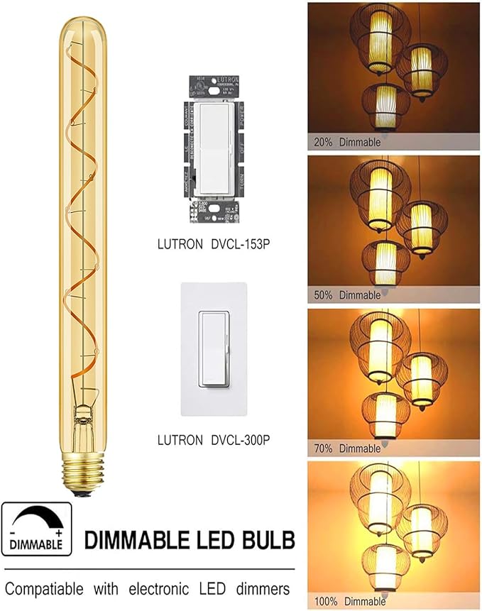 Leools Vintage LED Spiral Filament Bulb T10, 11.8inch Long Tubular Dimmable Edison Light Bulbs,E26 Base,Amber Glass,Warm White,2200K, (60W Equivalent), Pack of 4