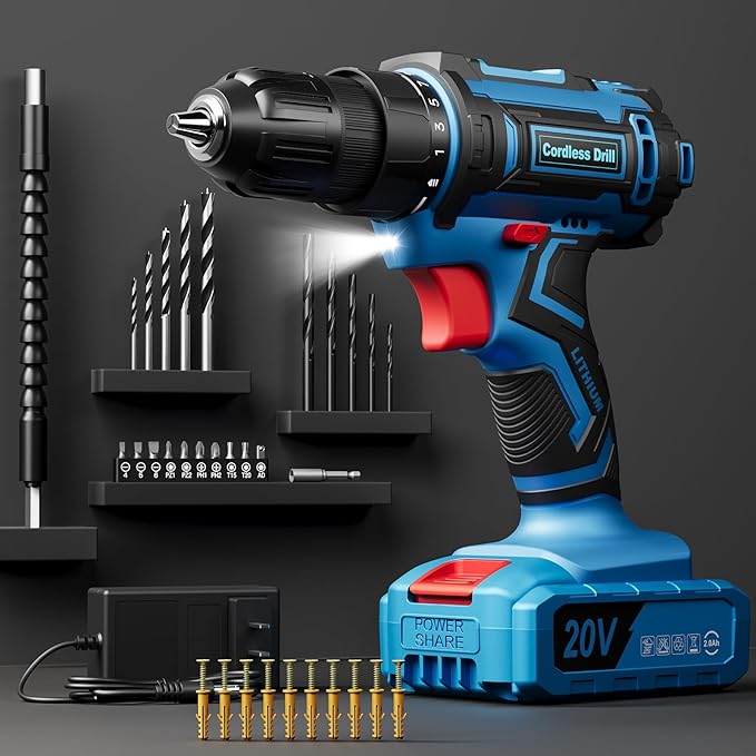 Cordless Drill Set, 20V Power Drill with Power Pack 2.0Ah and Charger, 3/8-Inch Keyless Chuck Electricdrill, 25+1 Torque, 42pcs Drilldriver Bits/Screws for DIY Projects (Blue)