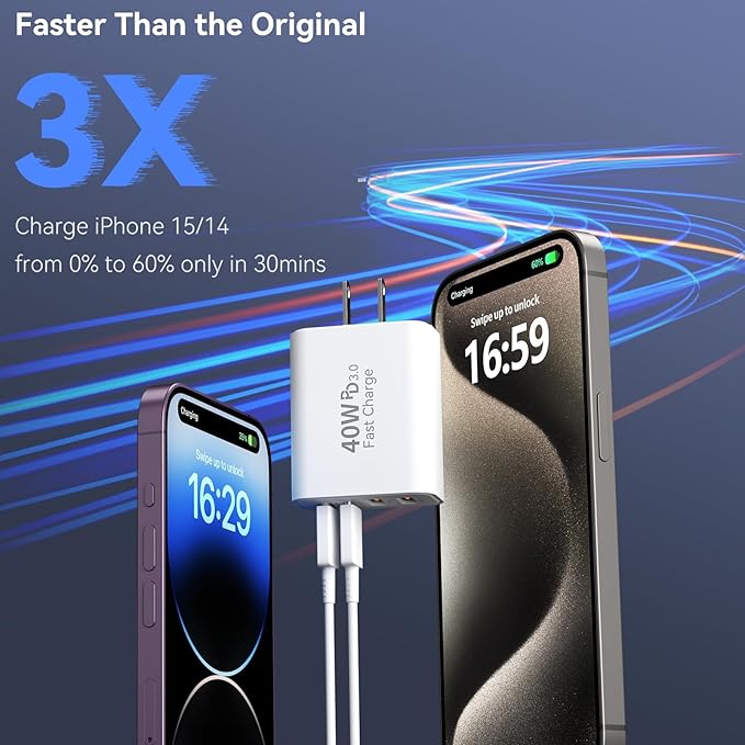 USB C Wall Fast Charger Block, 40W 4-Port Type C Chargers Fast Charging Blocks PD Power Charger Adapter+QC 3.0 USB Multiport Charger Brick for Phone 17/16/15/14/13/12 Pro Max, i-Pad, Galaxy S25-2Pack