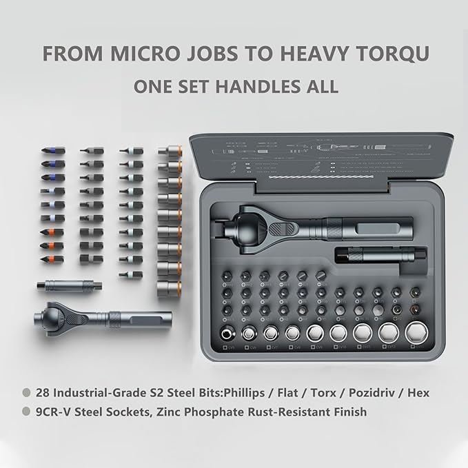 180° Rotating Head Ratchet Wrench Set – HomeMagician 40 in 1 1/4" Drive Socket Set with Quick-Release, 28 S2 Bits & 9 CR-V Sockets for DIY, Bike, Electronics, and Car Repair