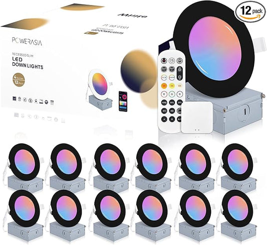 12 Pack Black Smart Recessed Lighting 4 Inch, Ultra-Thin 4 Inch LED Recessed Lights 9W 700LM Smart Downlight with Junction Box, Compatible with Alexa/Google Assistant and Siri - UL and Energy Star