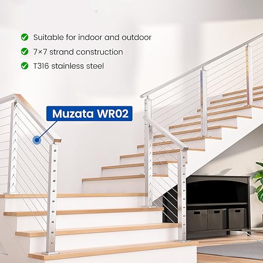 Muzata 800 ft 1/8" Stainless Steel Cable Railing System Hardware T316 Stainless Steel Wire Rope 7x7 Strands 1800 lb Breaking Strength Deck Cable Railing Kit for Indoor Outdoor Coastal WR02