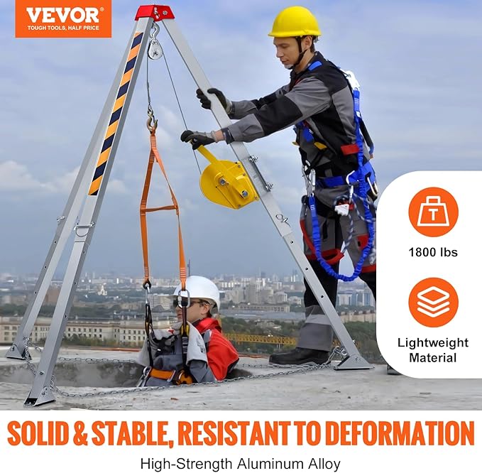 VEVOR Confined Space Tripod Kit, 1800 lbs Winch, Confined Space Tripod 7' Legs and 98' Cable, Confined Space Rescue Tripod 32.8' Fall Protection, Harness, Storage Bag for Traditional Confined Spaces