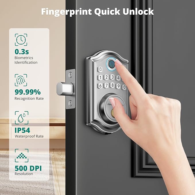 DS10 Keyless Entry Door Lock - Fingerprint Door Lock with 2 Keys, Electronic Keypad Deadbolt, Smart Door Lock, Keypad Lock for Front Door, Auto-Lock & One Touch Locking - Satin Nickel