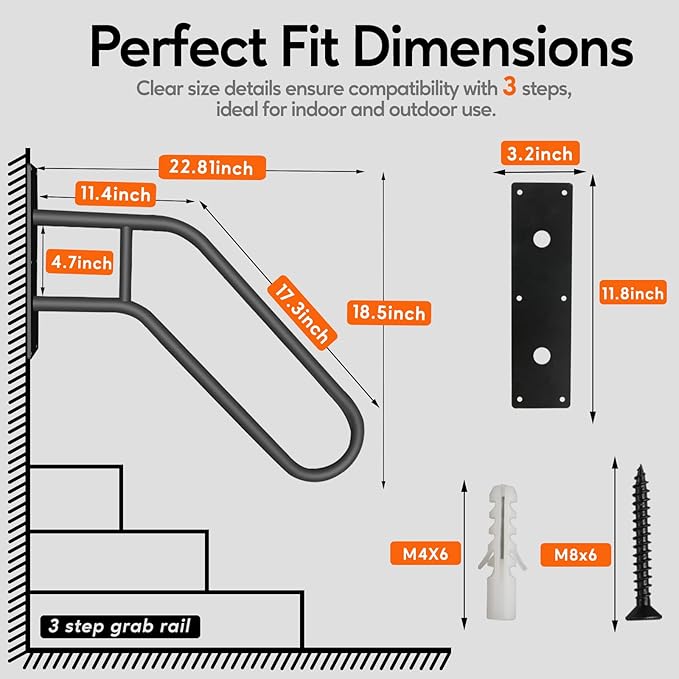 Outdoor Handrail for 1-3 Steps, 22.8" Length Wall Mount Stair Railing, 500LBS Strong U-Shaped Safety Grab Bar, Matte Black Metal