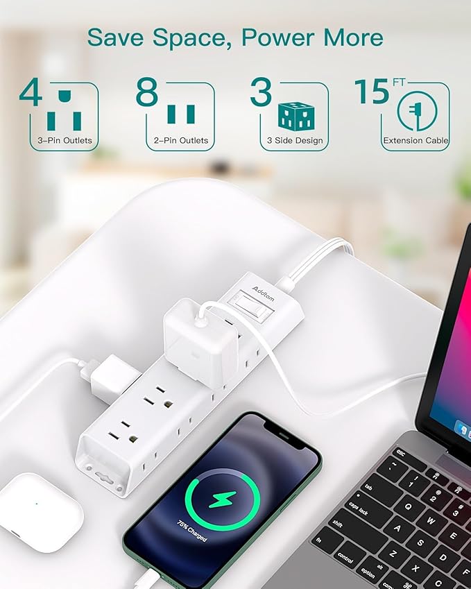 15FT Extension Cord - Surge Protector Power Strip, Addtam 12 Widely Multiple Outlets 3 Sides Outlet Extender, 900J, Wall Mount, Extra Long Flat Power Strip for Home Office College Dorm Room Essentials