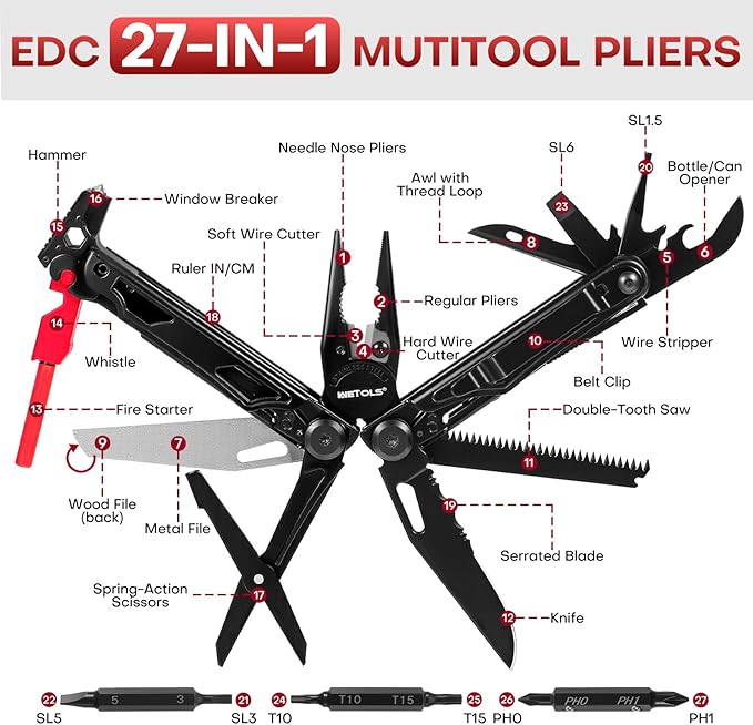 WETOLS Multitool with Pocket Knife, 27-in-1 Stainless Steel Needle Nose Pliers with Screwdrivers, Self-locking Multi tool EDC Gear with Sheath, Ideal for Survival, Outdoor, Camping
