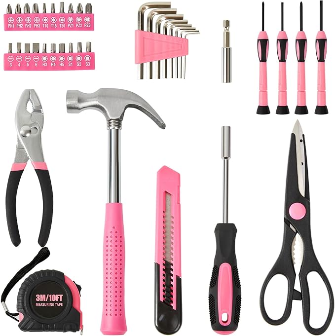 39 Piece Tool Set General Household Hand Kit With Storage Case Basics Tools for Home, Garage, Office and College Dormitory Use (Pink)