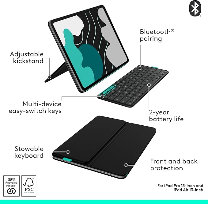Logitech Flip Folio, Keyboard Case for iPad Pro 13-inch (M4) & iPad Air 13-inch (M2 & M3) (2024, 2025) - Protective & Stowable Bluetooth Keyboard Case, Multi-Device - Midnight Black