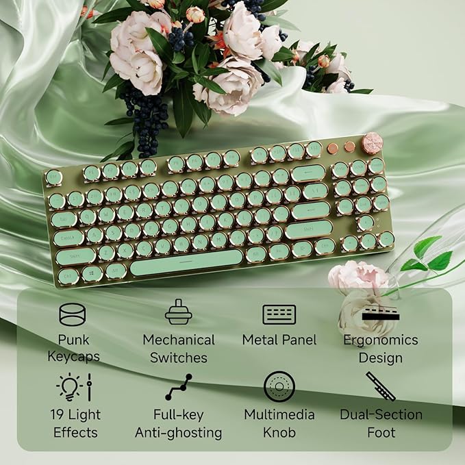 EWEADN V20 Green Typewriter Keyboard,87 Keys Backlit Typewriter Style Mechanical Keyboards, Media Control Knob, Wired/BT5.0/2.4G Typewriter Style Computer Keyboards Pink Switch for Windows/Mac/PC