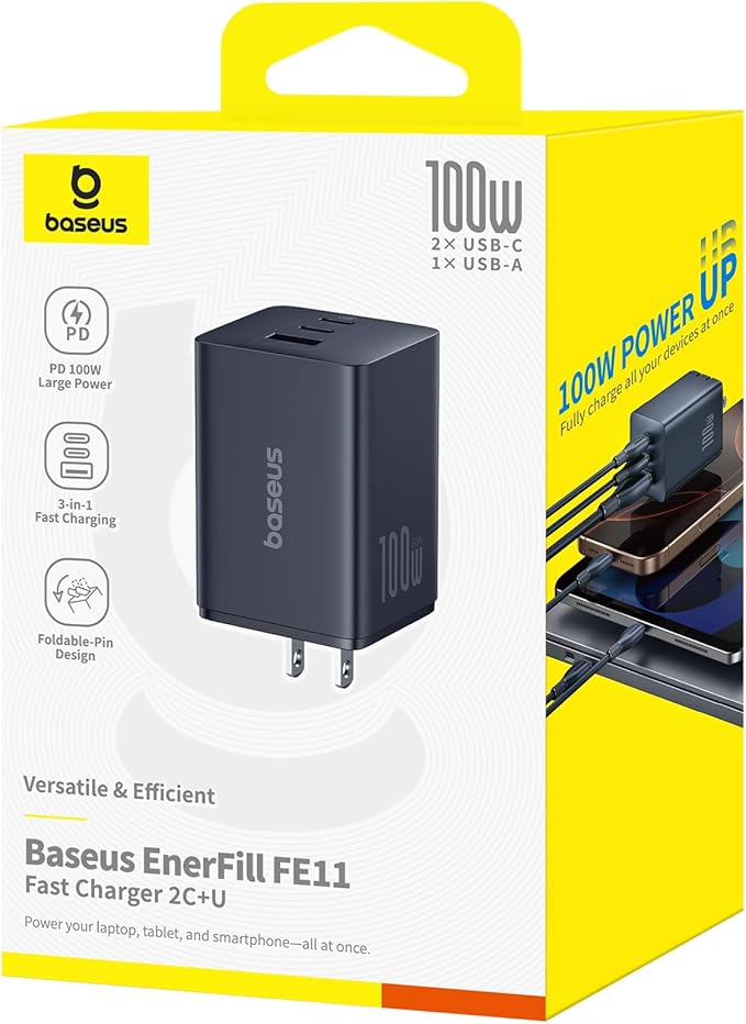Baseus 100W USB C Charger Block, 3-Port Foldable Compact PPS Wall Charger, Fast Charging Power Adapter for MacBook Pro/Air, iPad, iPhone 17 Pro Max/Air, Galaxy S24, Steam Deck & More