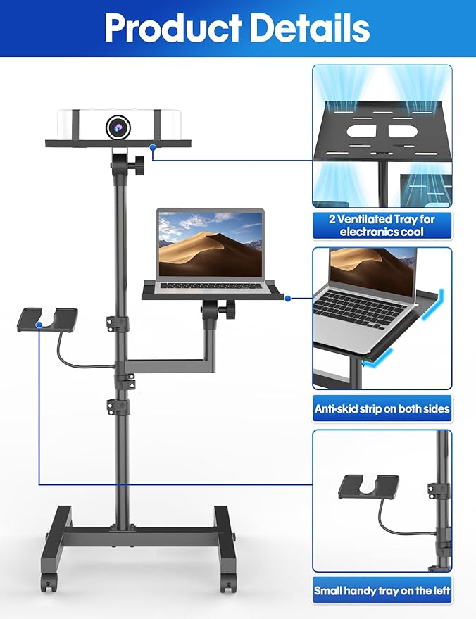 Projector and Laptop Stand Tripod, 2 Shelves Mobile Laptop Tripod Stand, Max 47" Height Adjustable Laptop Cart on Wheels, Projector Floor Stand with Ventilated Tray for Podium, Meeting, Couch