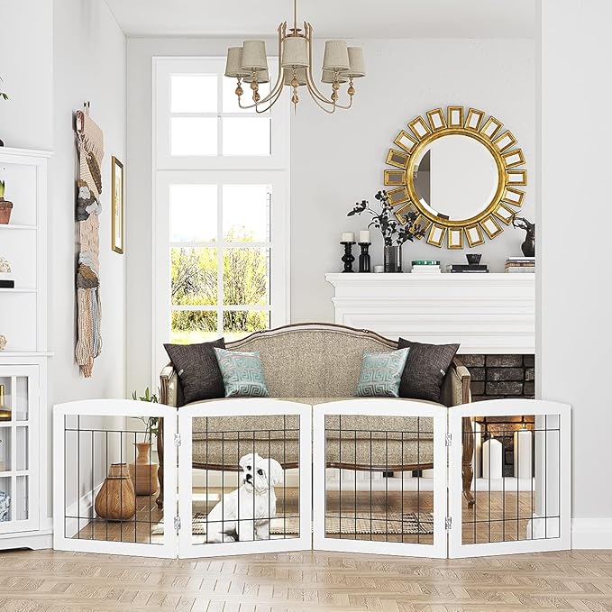 PAWLAND Dog Gate for The Doorways House Stairs Foldable Freestanding Indoor Pet Gate for Dogs Wooden Puppy Safety Fence 80" Wide 24" Height 4 Panels White