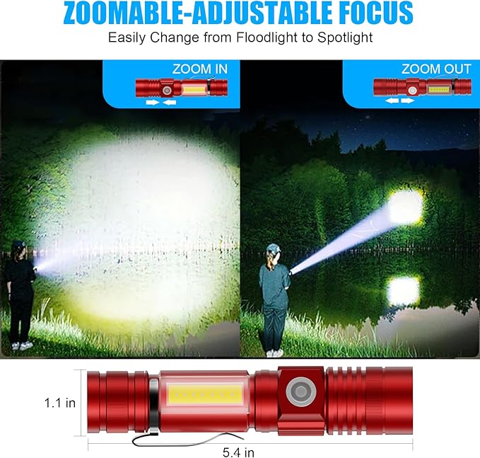 Hoxida Flashlight USB Rechargeable, Magnetic LED Flashlight, Super Bright LED Tactical Flashlight with Cob Sidelight, Waterproof, Zoomable Best Small LED Flashlight for Camping, Emergency -Red