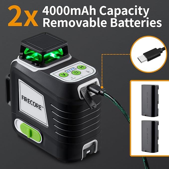 Firecore Laser Level 360 Self Leveling, 3 x 360° Compact Green Beam Cross Line Laser Leveler Tool for Picture Hanging Wall Tile Construction, 2 Rechargeable Batteries and Magnetic Bracket Included