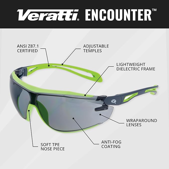 Veratti Encounter Safety Glasses, Anti-Fog Gray Lens, ANSI Z87.1 Certified, Dielectric Gray/Green Frame, Impact Resistant